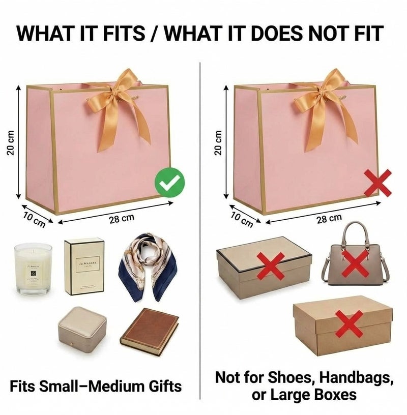 Circuit Green 6-Pack Luxury Small/Medium Pink Gift Bags with Gold Trim (28×10×20 cm) – Includes 6 Gold Ribbons, 6 Greeting Cards & 12 Matching Pink Tissue Sheets  – Premium Gift Bag Set - Image 3